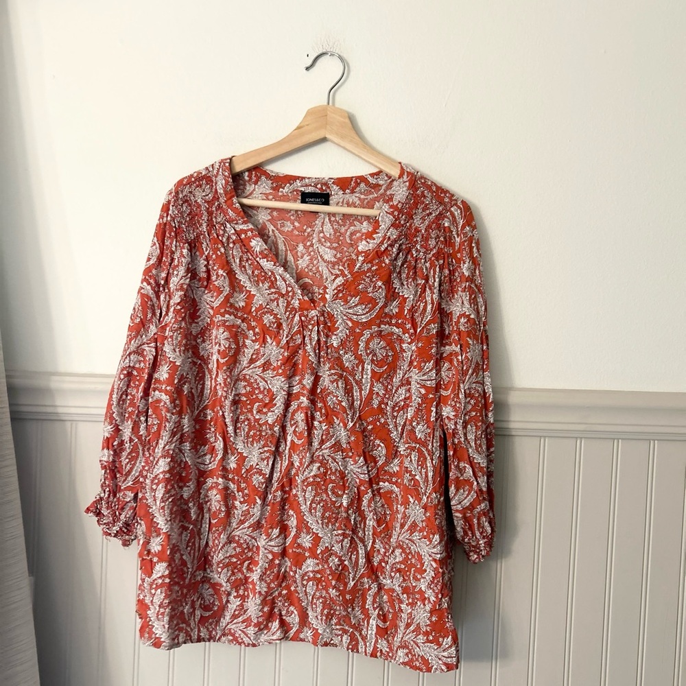 JNY Jones New York Rust Orange Print V Neck Tunic Blouse 3/4 Sleeve
Size 1X